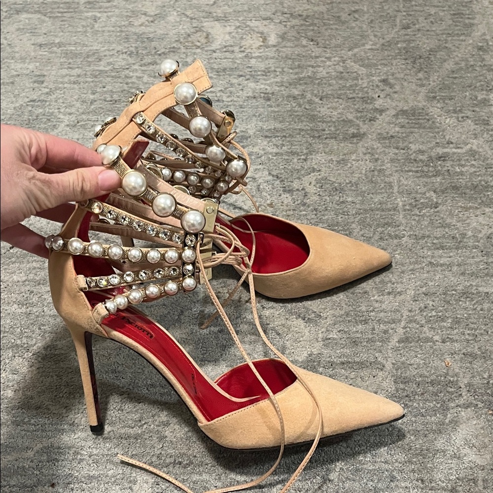 CesElegant Beige Stiletto Heels with Pearl Accents